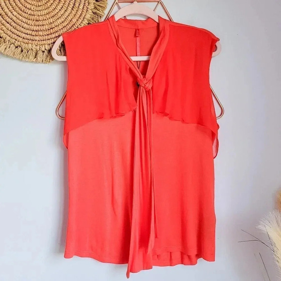 Karen Millen, NWT Orange Red Tie Neck Silk Jersey Knit Sleeveless Top Size 10 - Picture 1 of 8